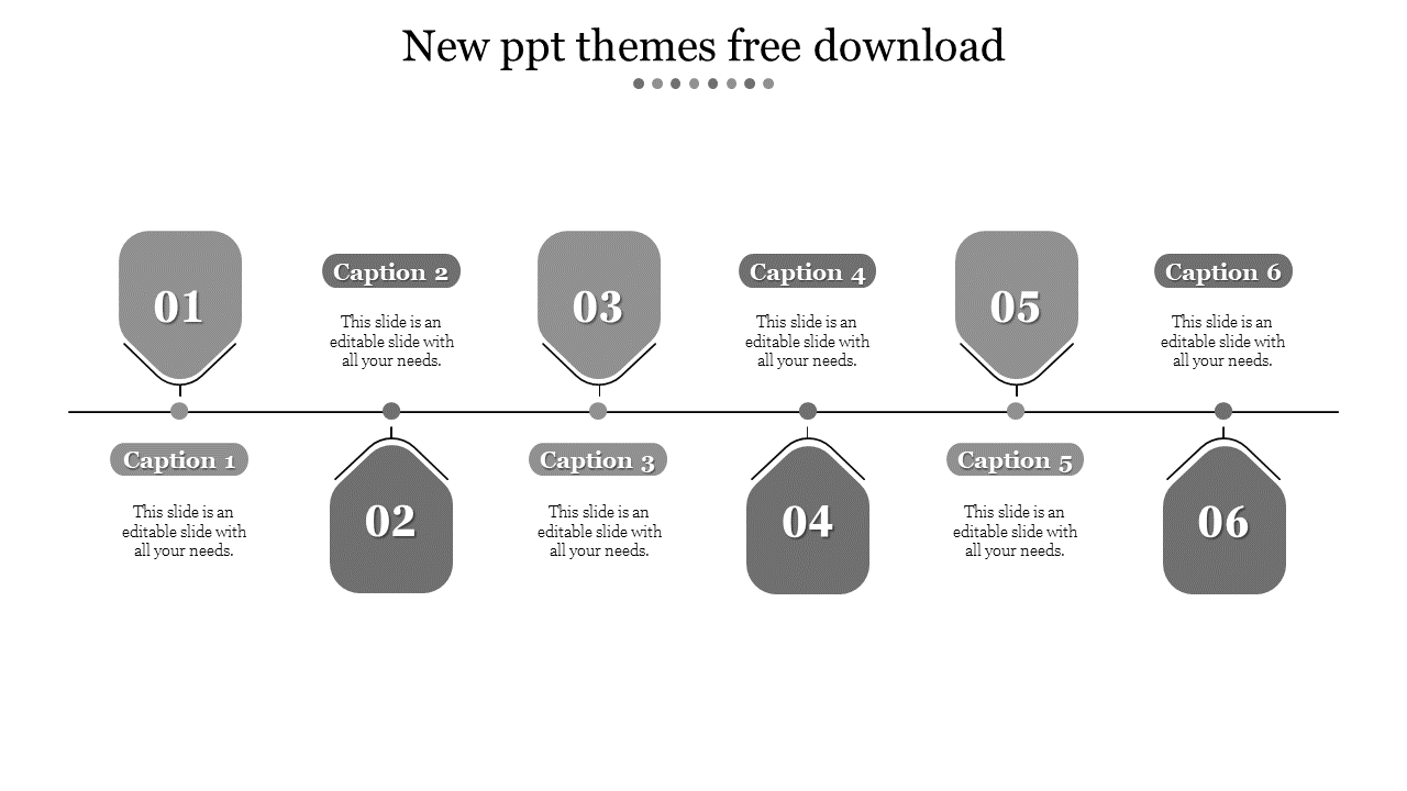 Gray slide with six numbered pentagonal sections and captions, evenly spaced in a row with connecting dots.