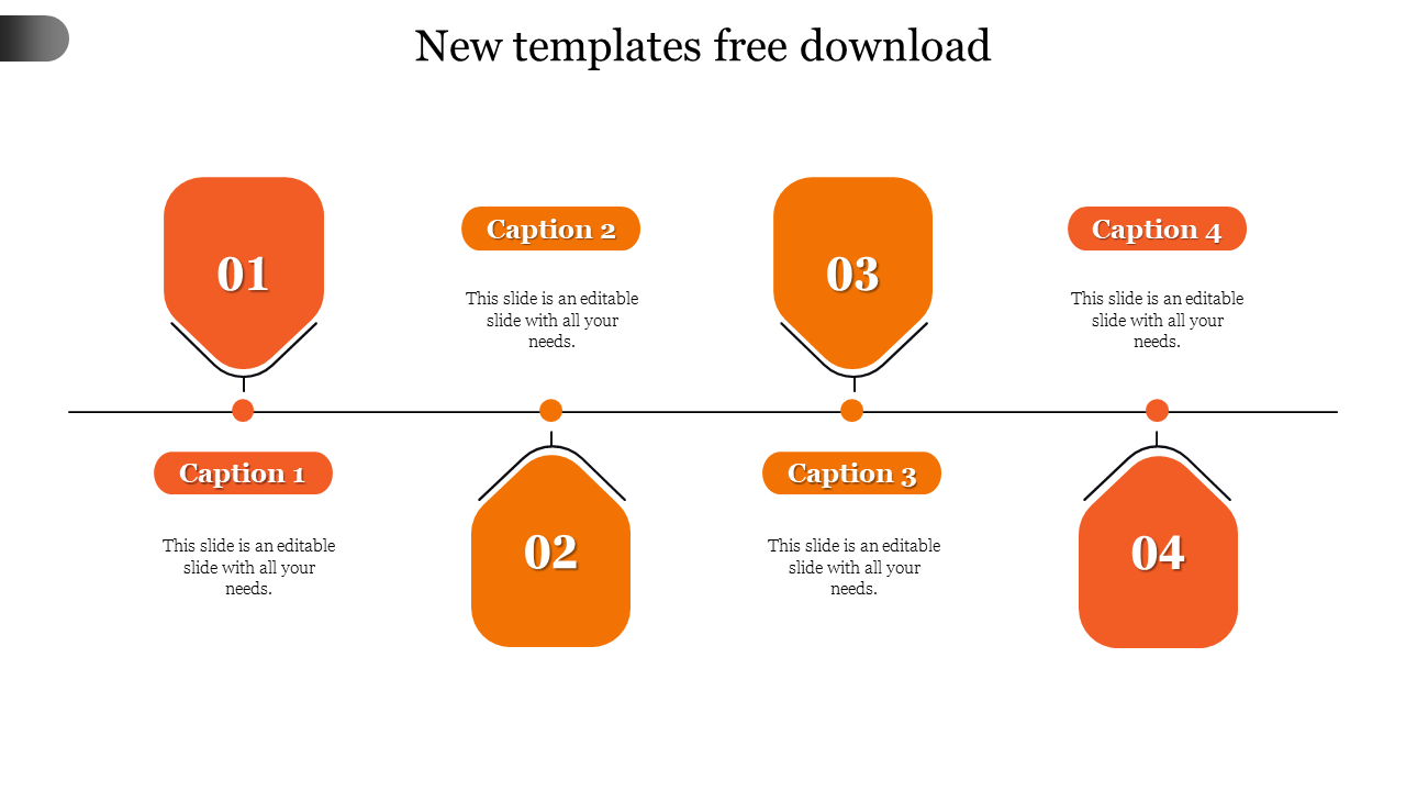 Orange themed timeline PowerPoint slide with four sequential steps and captions on a white backdrop.