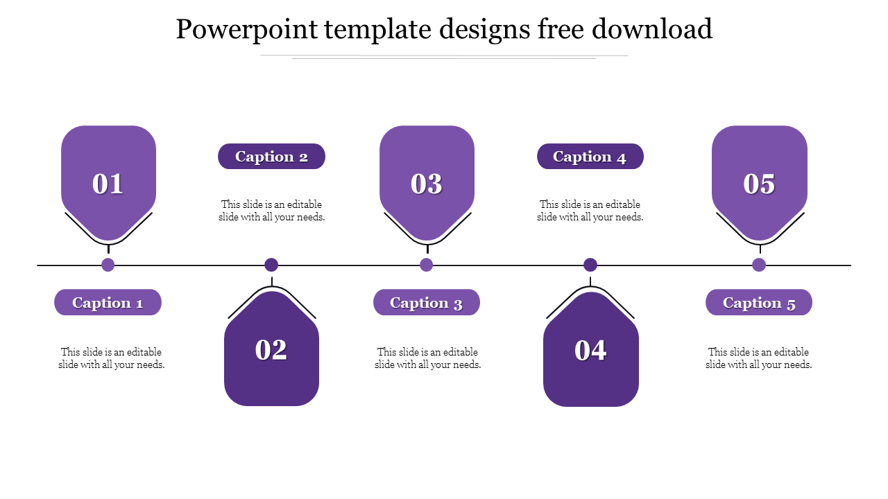 Template design with five numbered purple hexagons, each labeled with five captions and connected by a horizontal line.