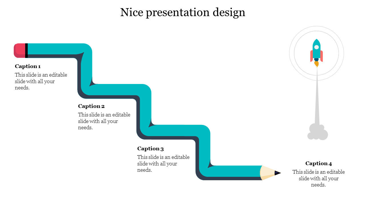 Creative PowerPoint slide with a blue zigzag pencil path leading to a rocket launch, symbolizing growth with captions.