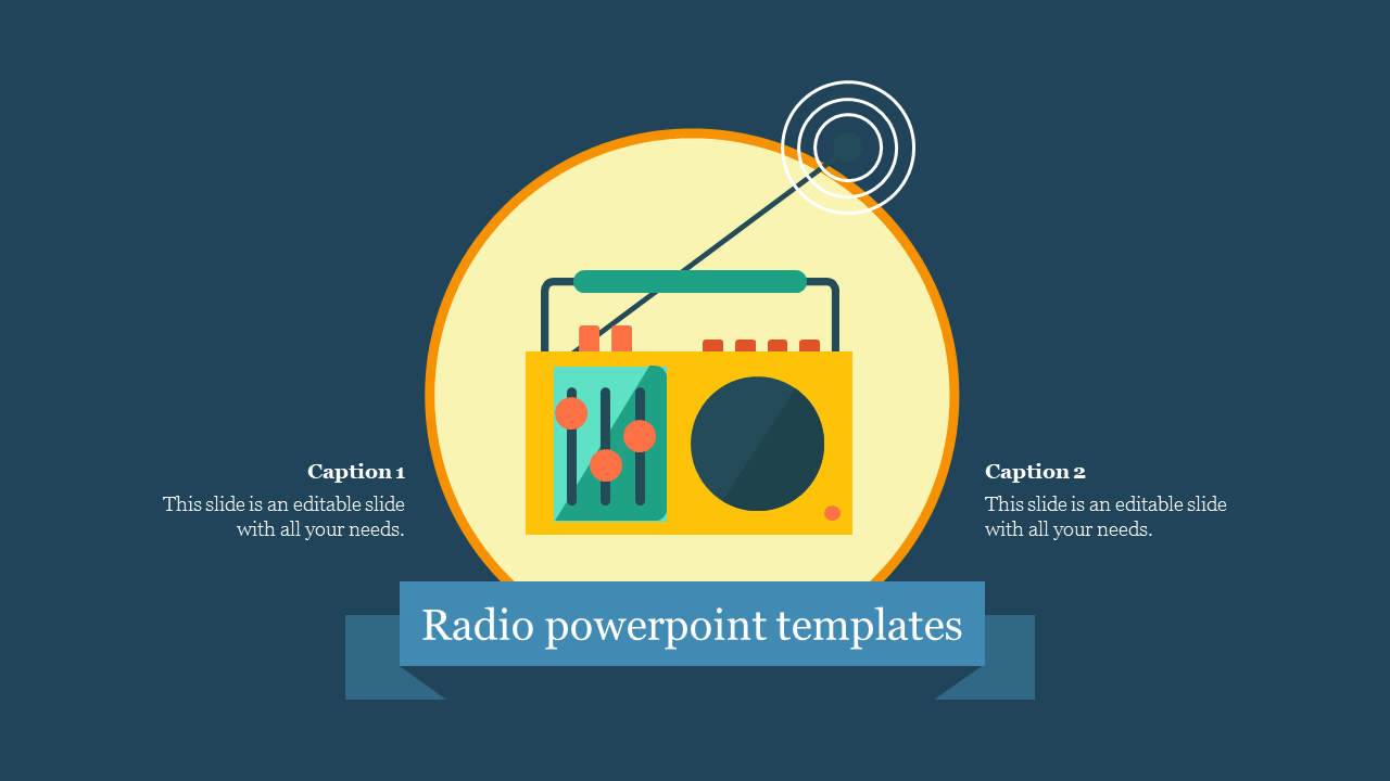 Illustration of a yellow vintage radio with an antenna and control knobs, in  a dark background, with caption areas.