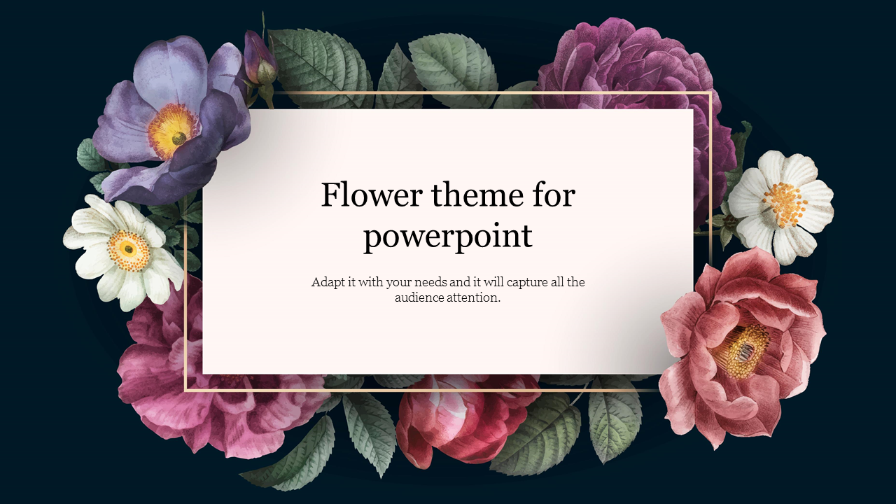 Floral slide design with bold purple, white, and pink flowers framing a beige text box with title text.