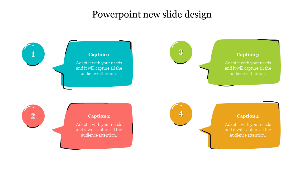 Slide layout with four colorful speech bubbles in blue, orange, green, and yellow, each containing text and numbers.