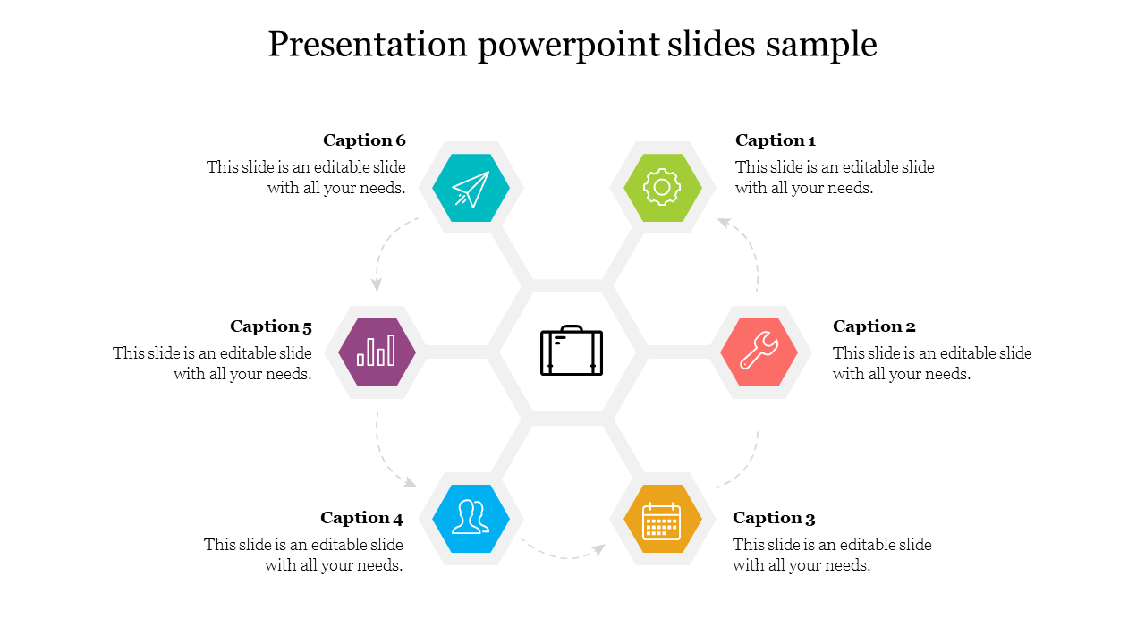 Hexagonal PowerPoint template with a central suitcase icon linked to six colorful icons with captions on a white backdrop.