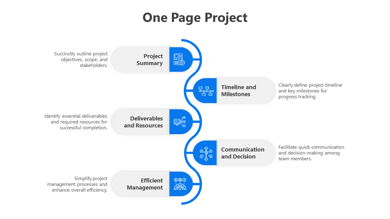 One-page project infographic with five labeled segments along a curved line, highlighting key project aspects.