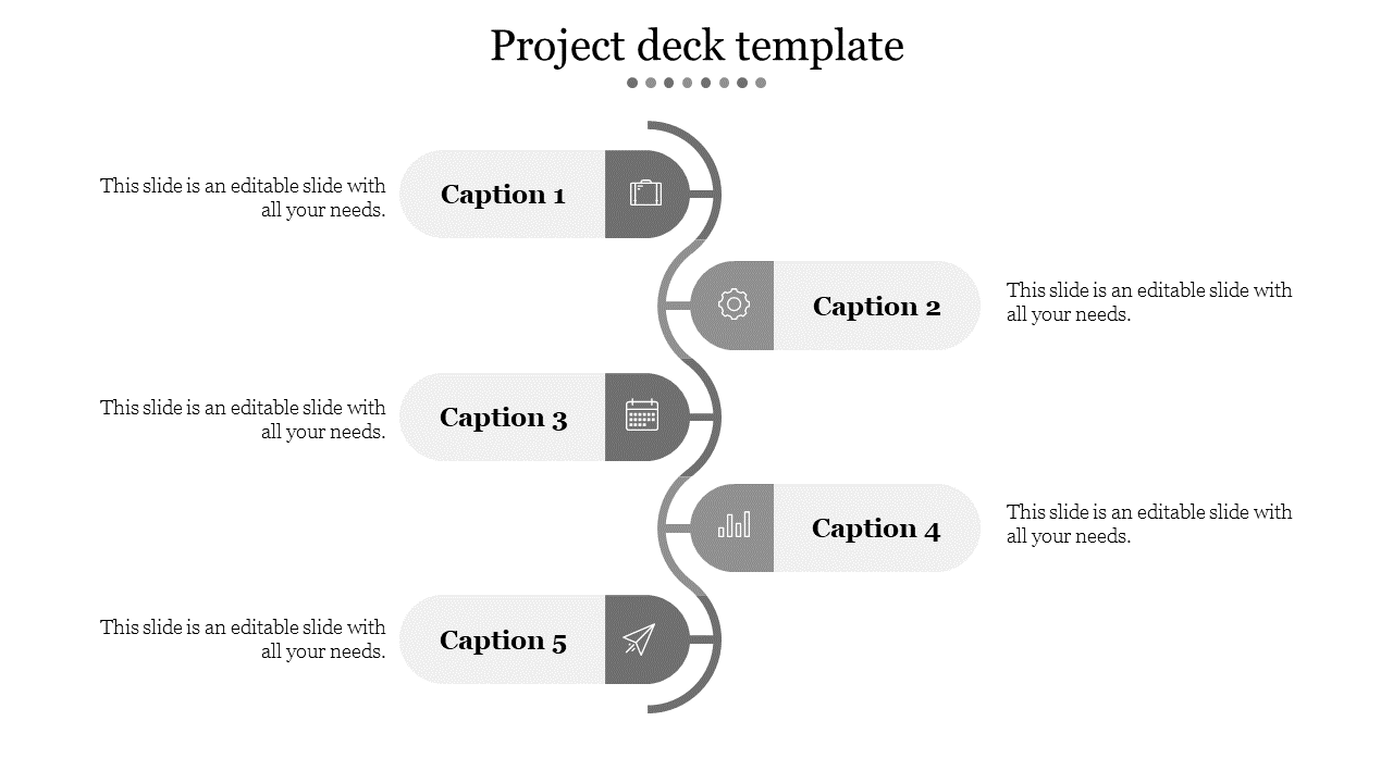 Project deck template showing five captions aligned along a wavy path, with alternating text areas and icons.