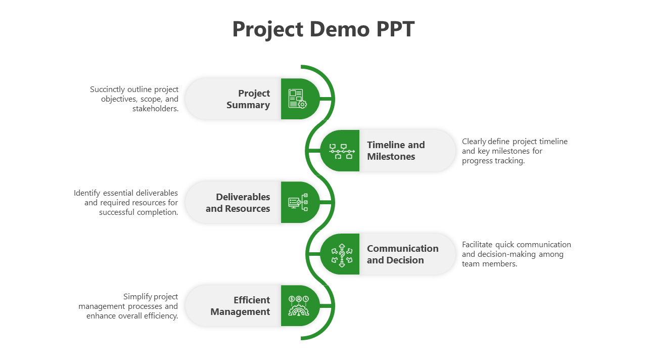 Project demo slide with five stages and green colored icons with text descriptions.