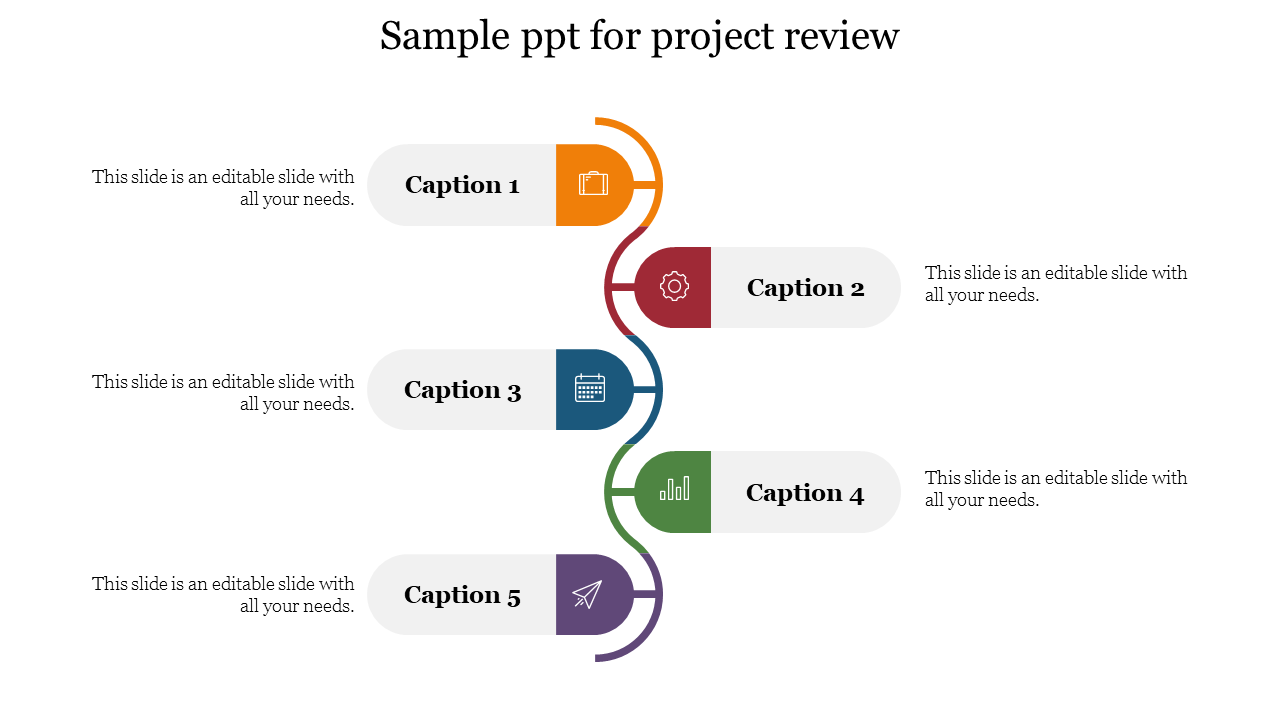 Vertical project review template showcasing five captioned steps with colorful icons and descriptive caption areas.