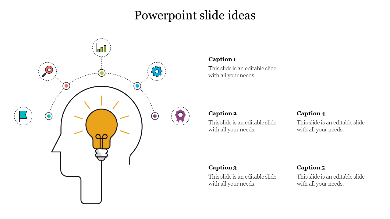 Slide with a yellow light bulb inside a head outline, surrounded by five colorful circular icons representing various ideas.