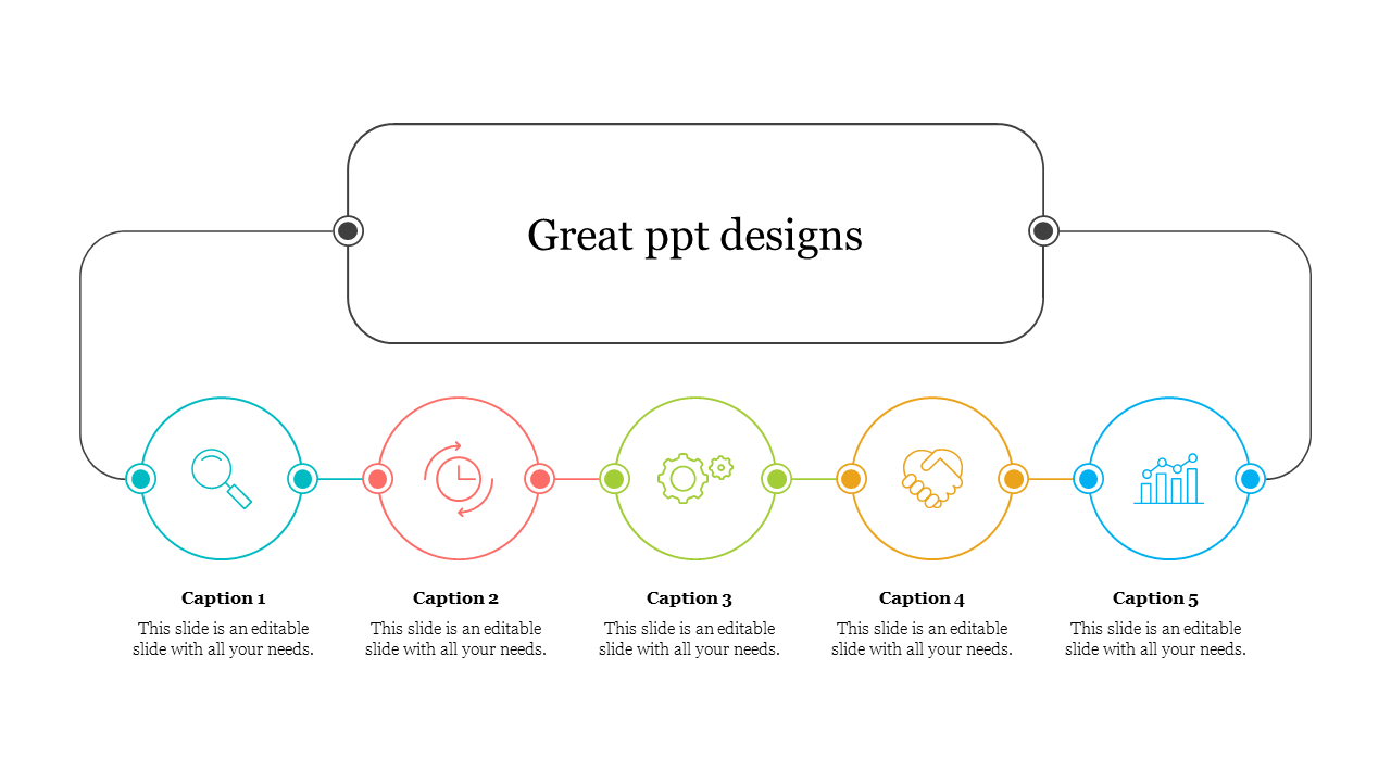 Minimalist great PowerPoint slide featuring five connected colorful circular icons with captions on a white backdrop.