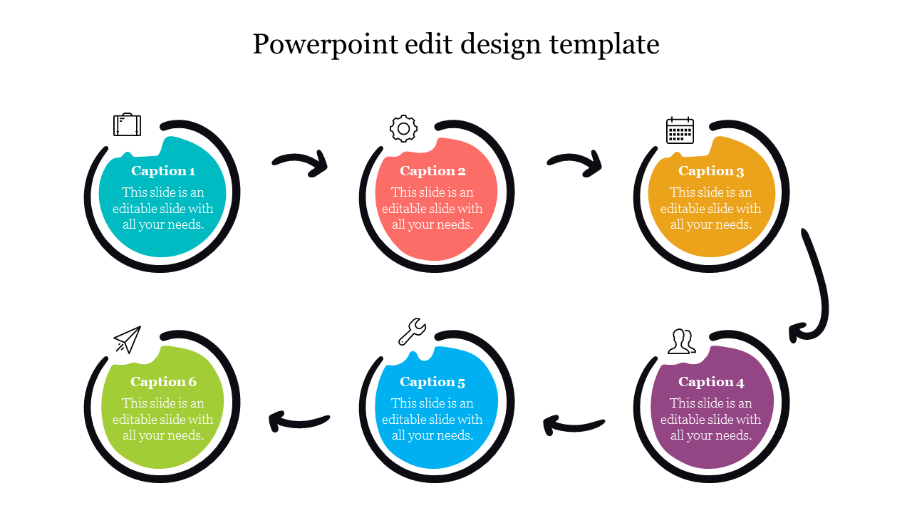 Six circular design segments in different colors arranged in a flow diagram, each with an icon and  captions areas.