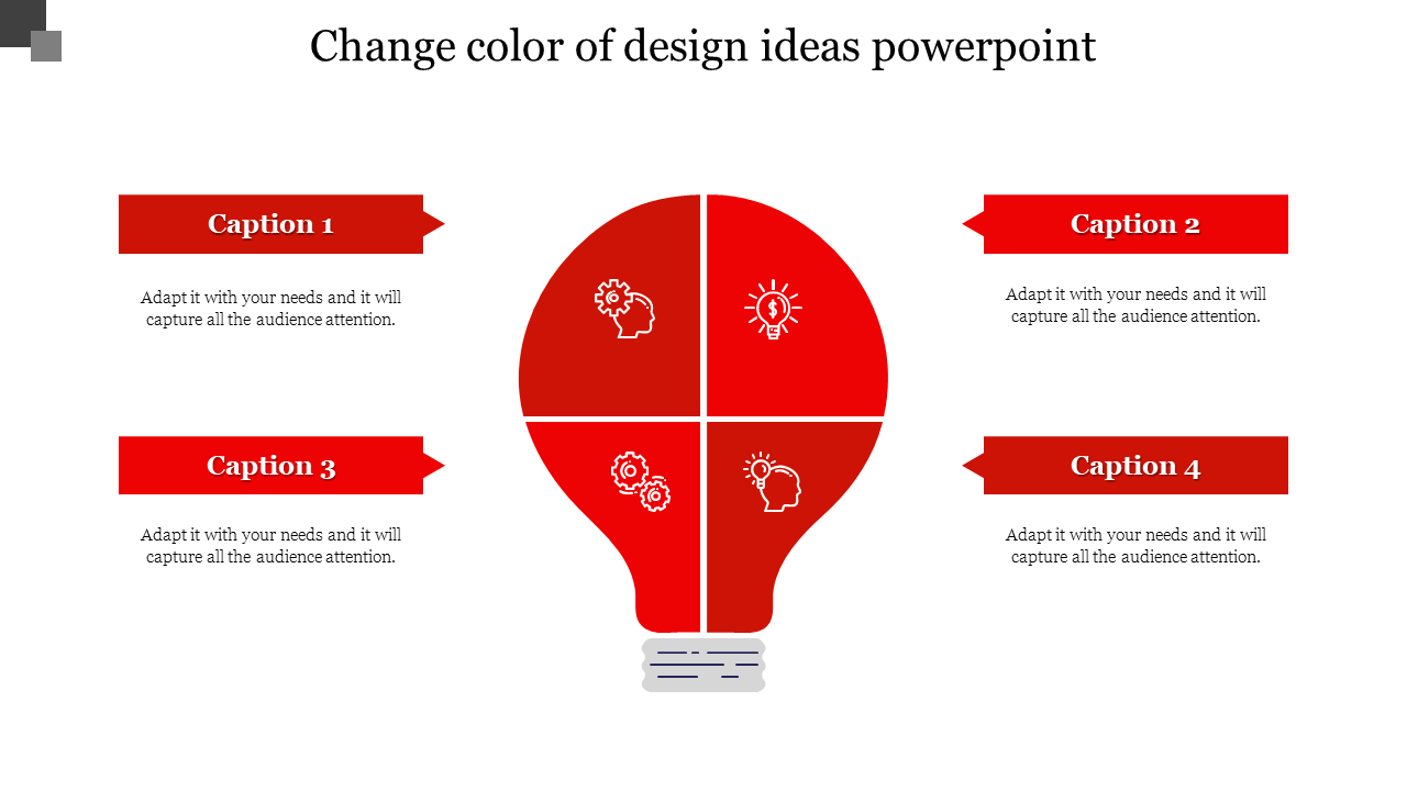 Slide with a red lightbulb illustration divided into four parts, each containing icons for design concepts and with caption areas.