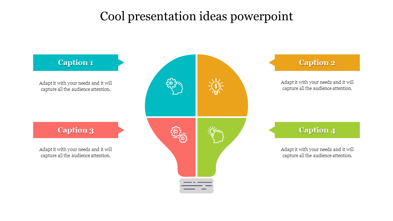 PPT slide with a multicolored light bulb diagram, segmented into teal, orange, red, and green parts with unique captions.