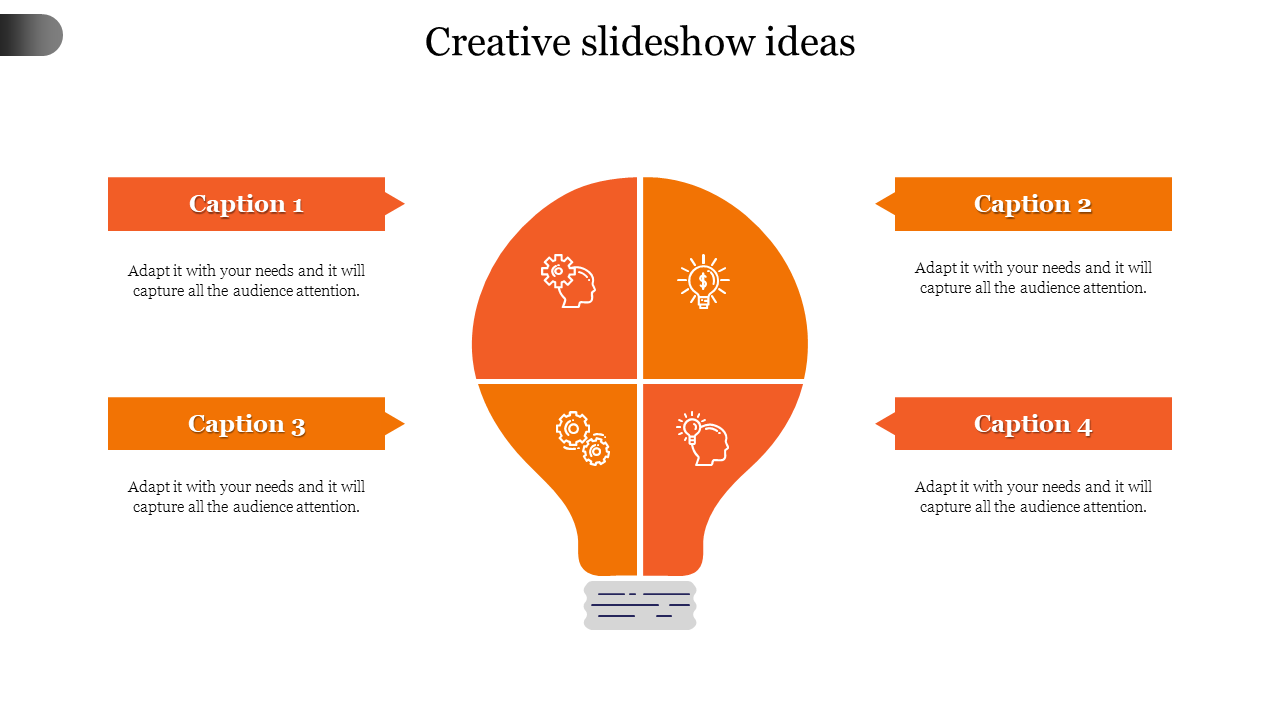 Creative slide featuring a segmented light bulb graphic in orange with symbolic icons and placeholder text areas.