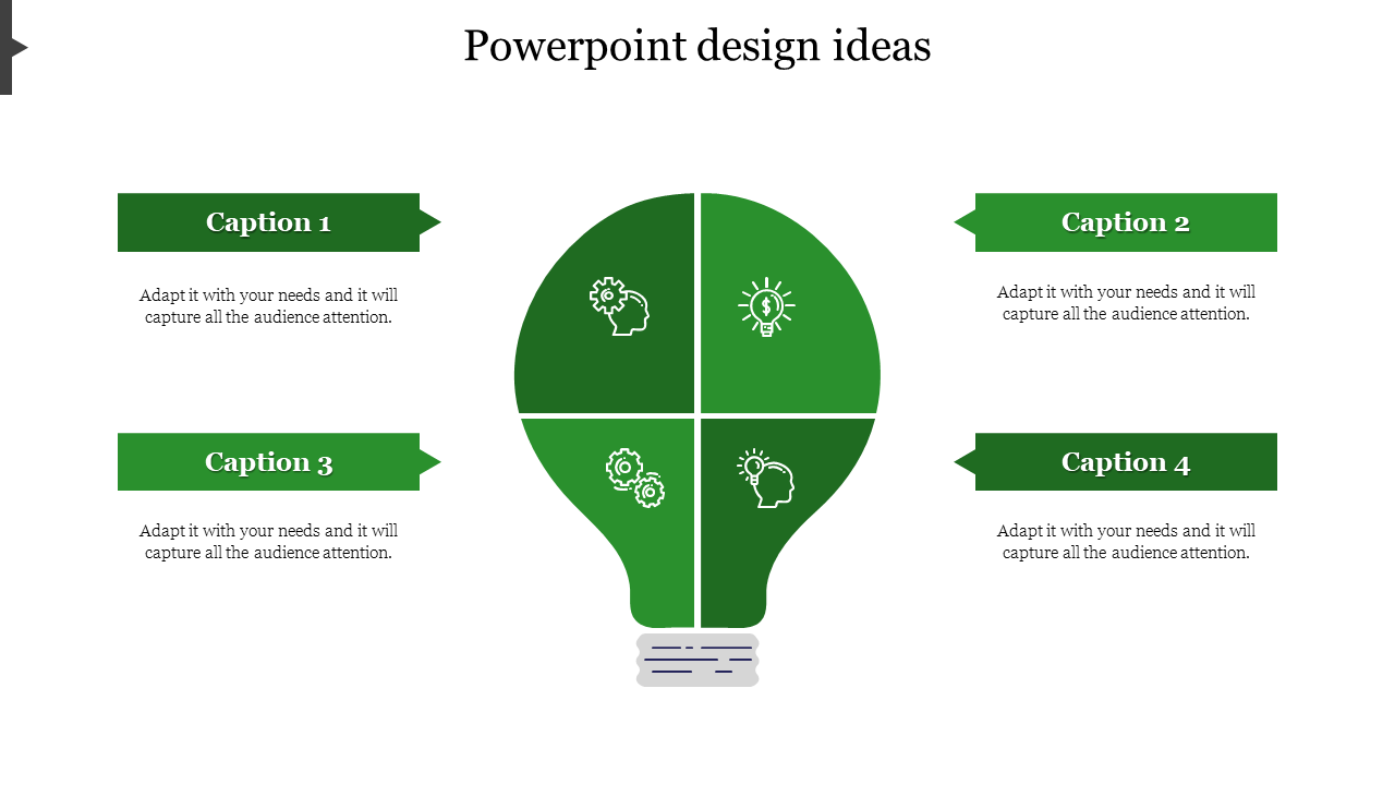 Green lightbulb infographic slide with four sections representing ideas and captions with placeholder text.