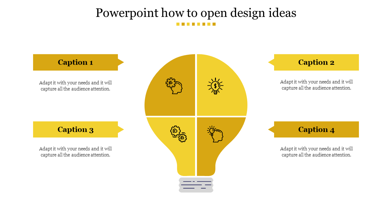 Creative PowerPoint slide with a segmented yellow light bulb infographic and four caption areas with placeholder text.