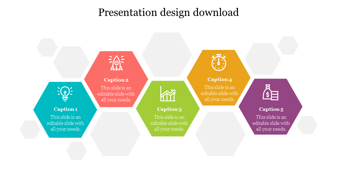 Colorful slide design with five hexagonal icons in teal, orange, green, yellow, and purple, each labeled with a caption.