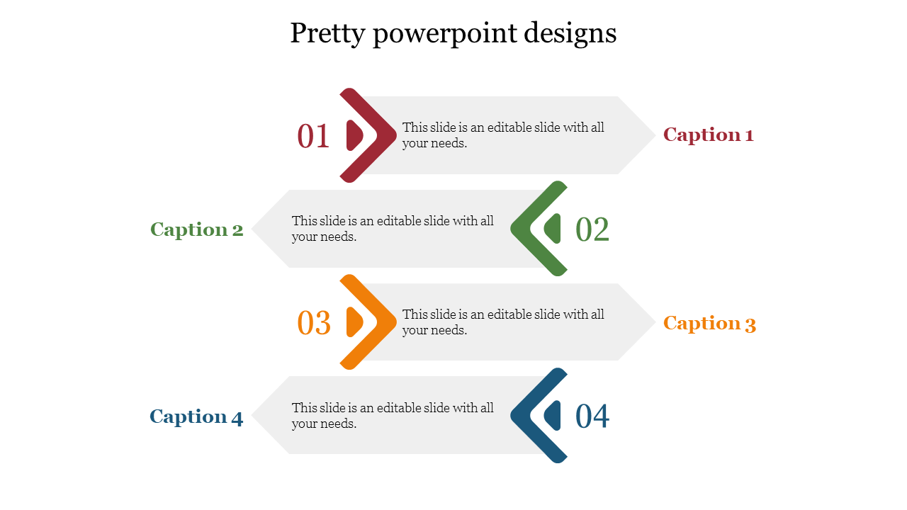 Pretty modern PowerPoint slide with a four step process, featuring numbered arrows and captions in distinct colors.