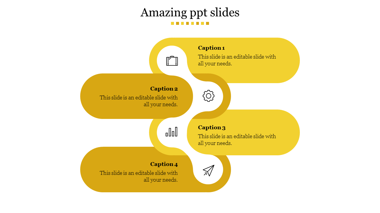 Creative PowerPoint slide with a flowing yellow infographic layout featuring four captions and icons.