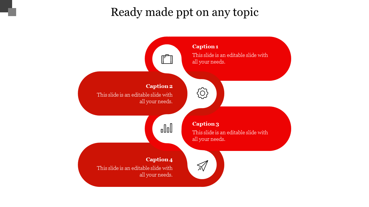 Ready-made template with four red, interconnected segments with icons and captions on a white background.