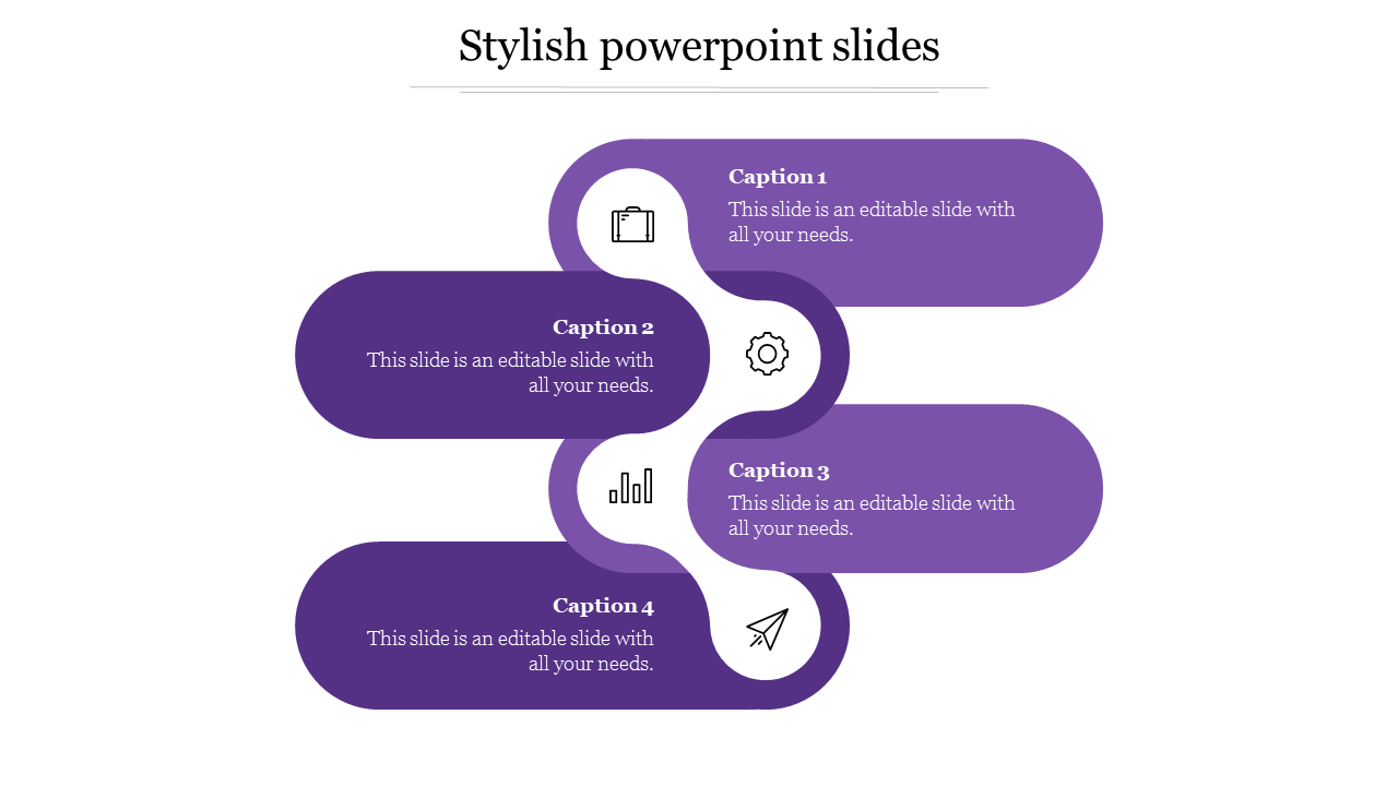 Stylish slide featuring four purple rounded boxes, arranged in a wave like design, each with a distinct icon and caption.