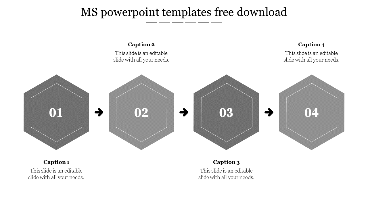 Four gray hexagonal icons for ms numbered 01 to 04, connected by arrows with placeholder captions below each icon.