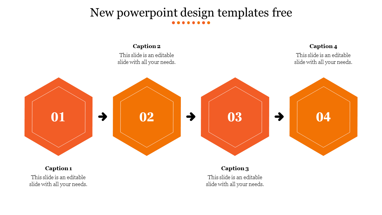 Slide featuring four orange hexagons numbered 01 to 04, each with captions, arranged in a sequence with arrows.