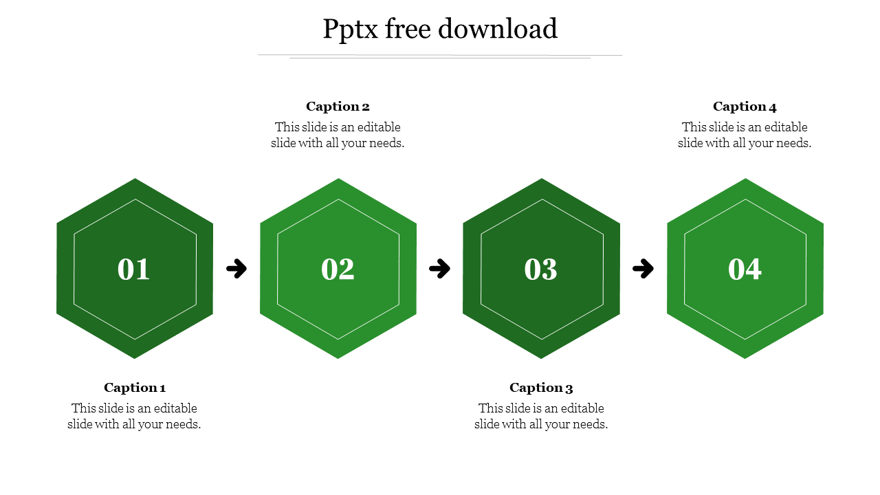 Four green hexagons numbered 01 to 04, connected by arrows in a horizontal sequence with captions below.