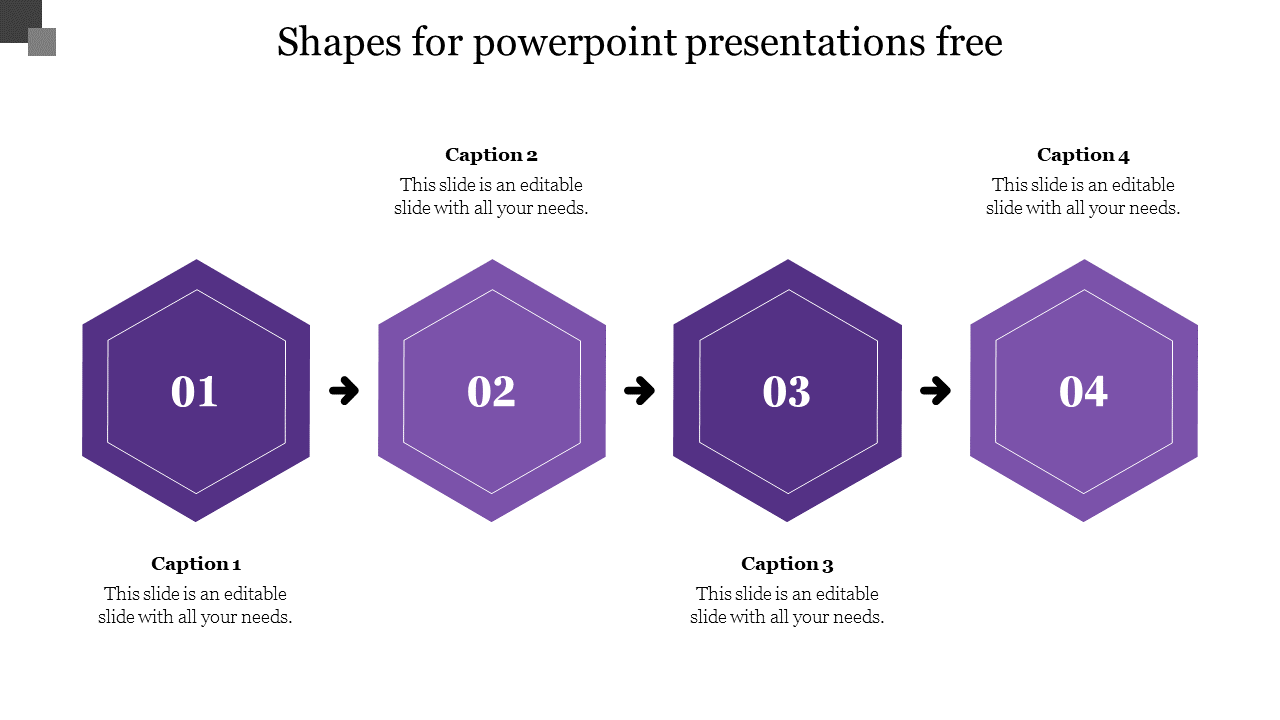 A process flow diagram with four purple hexagons shapes labeled from  one to four, connected by arrows with caption areas.