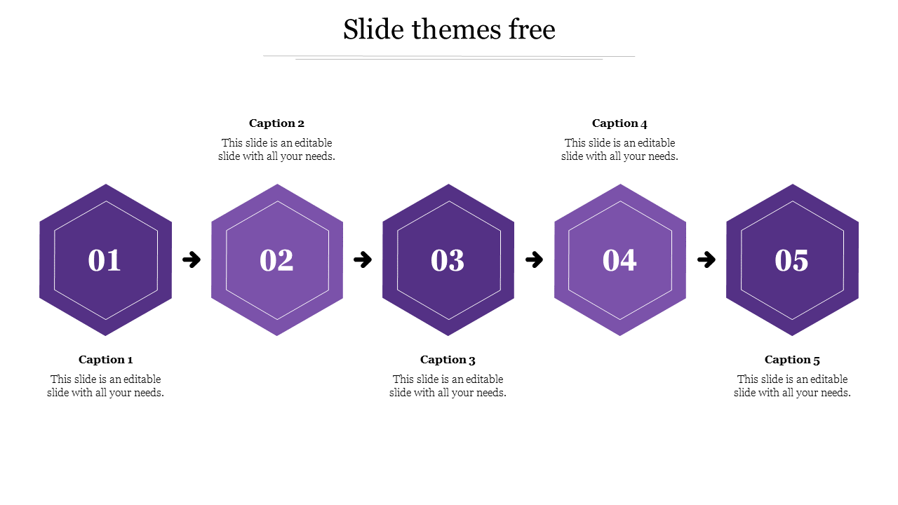 Purple slide with five hexagonal shapes numbered 01 to 05, connected by arrows, with captions beneath each.