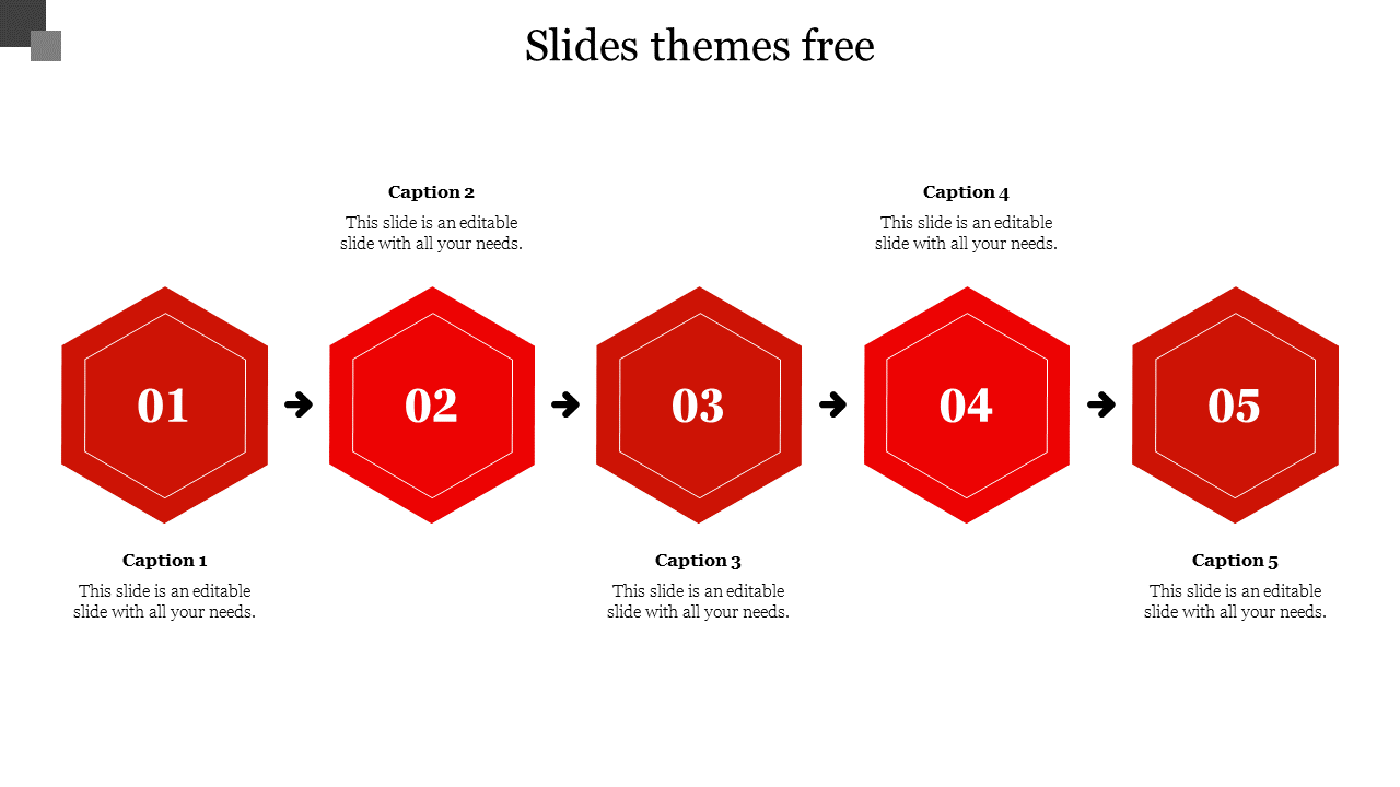 Horizontal infographic of five red hexagons, each labeled with numbers and captions areas placed in white backdrop.