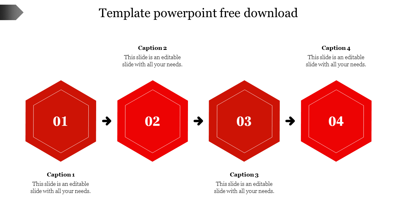 Four red hexagonal icons numbered 01 to 04, connected by black arrows, with captions on both sides.