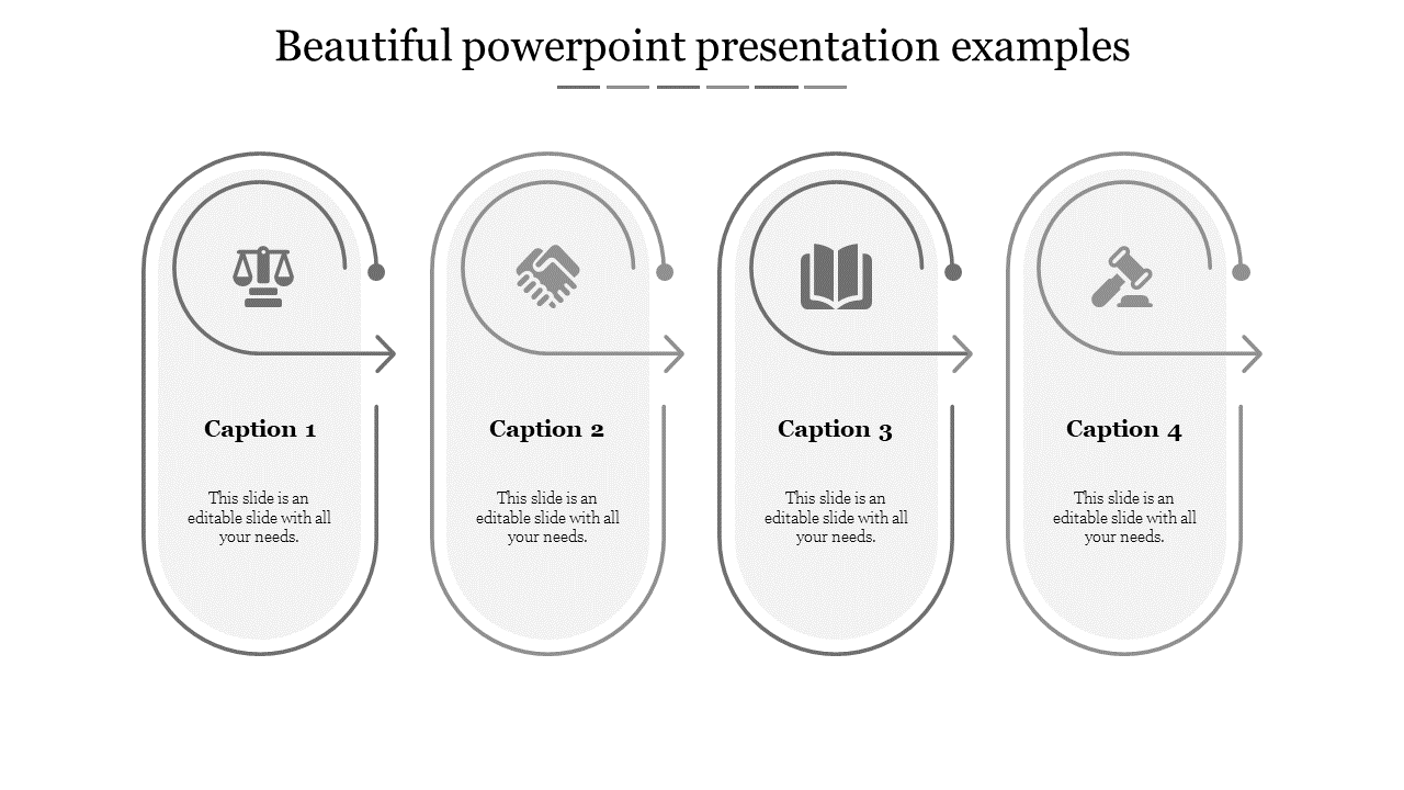 Beautiful PowerPoint design with four labeled steps, each represented by an icon scale, handshake, book, and gavel.