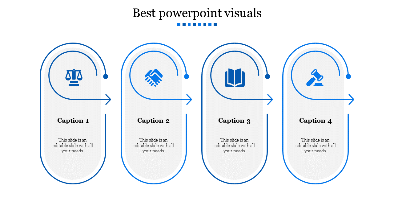 Four rectangular shapes in blue outline with icons in curved arrows above and captions below.