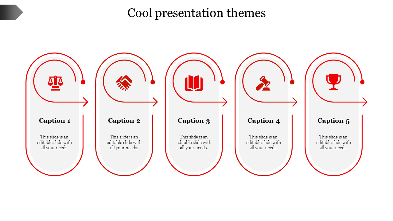 Slide design with five red icons in oval shapes, each representing different concepts, connected by arrows.