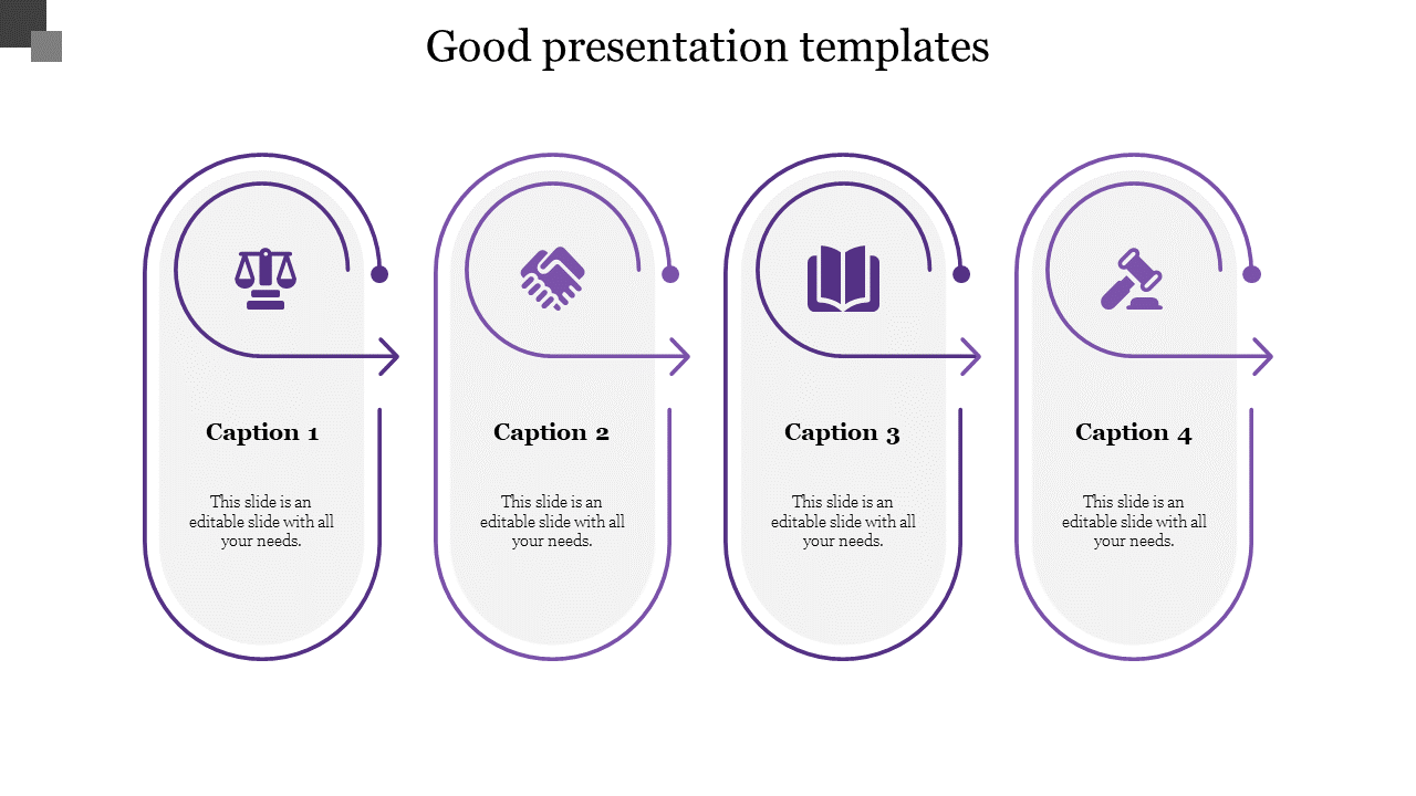 Slide with four icons in rounded purple boxes, numbered 1 to 4, connected by curved arrows.