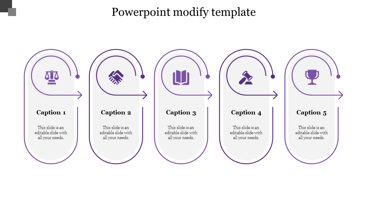 Modern custom PowerPoint slide with five purple icons with captions and placeholder text on a white backdrop.