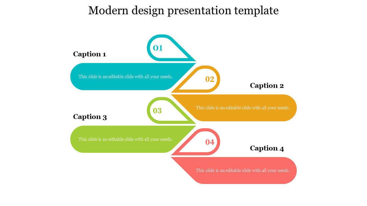 Colorful modern PowerPoint template with four caption sections in a layered layout with placeholder text on a white backdrop.