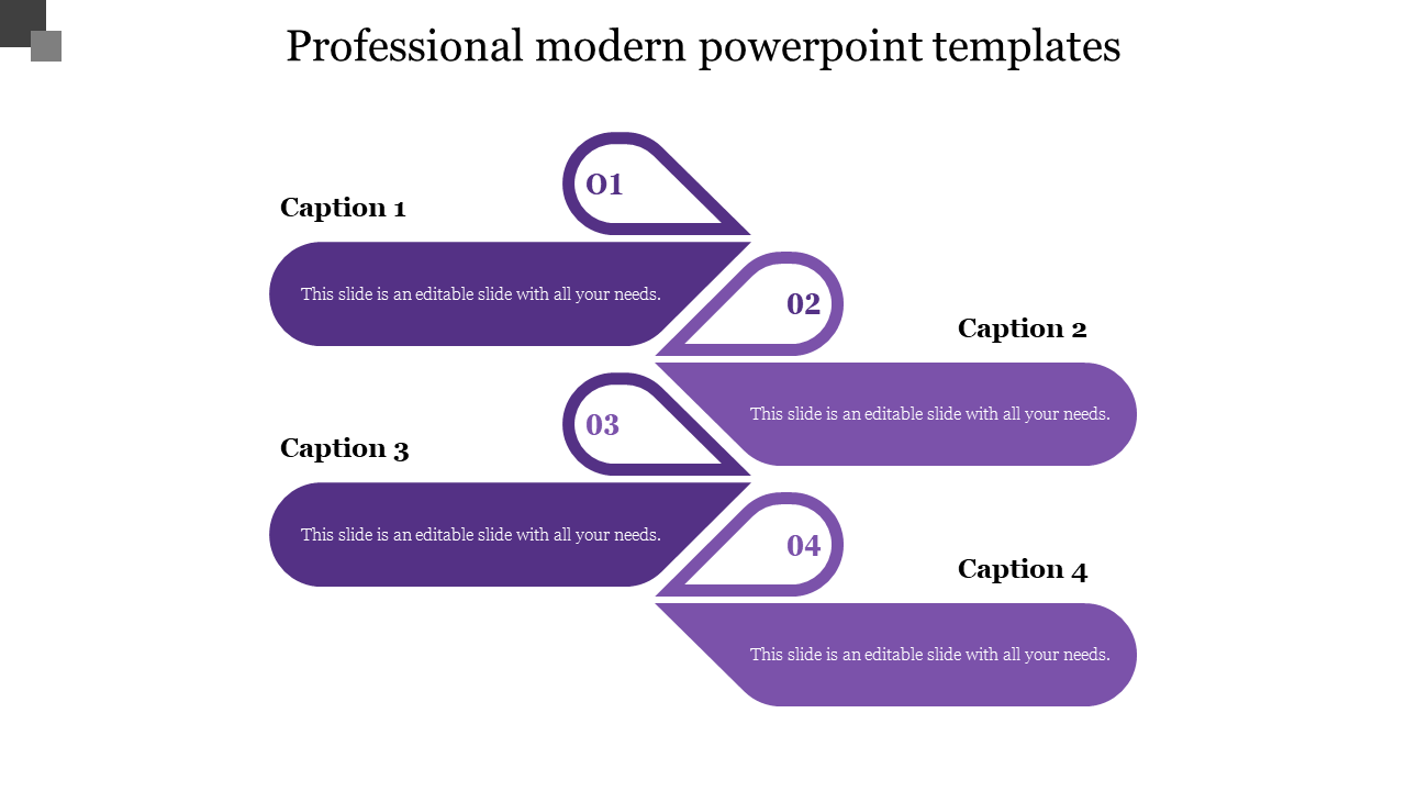 A professional slide with four numbered modern purple labels, arranged in a vertical layout with captions and textboxes.