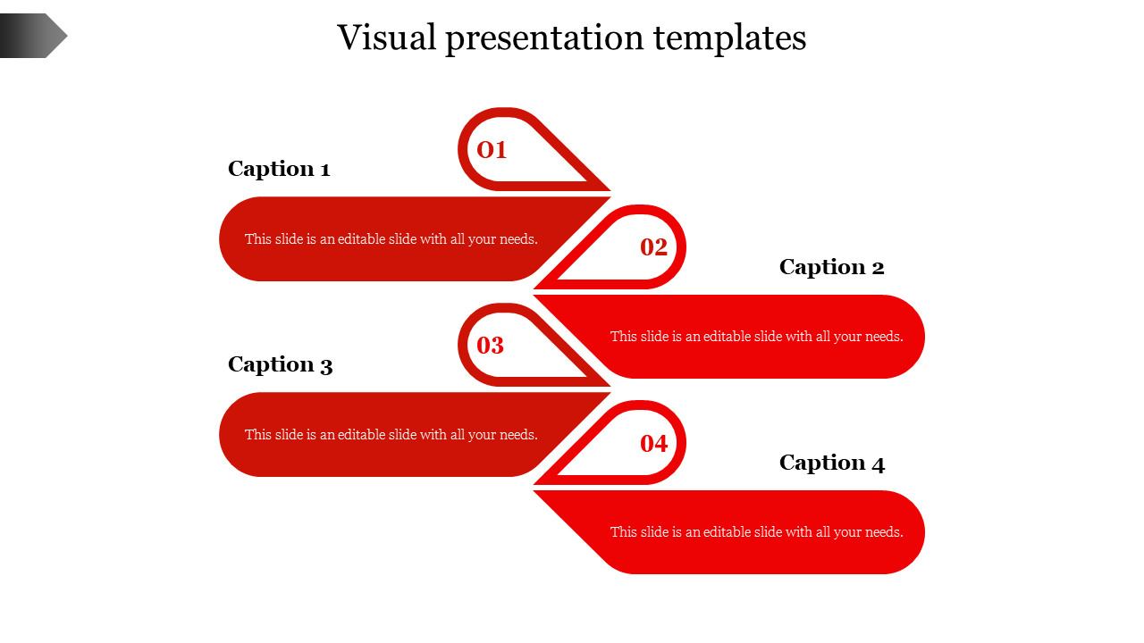 Red themed infographic PPT slide with four numbered sections with placeholder text on a white backdrop.