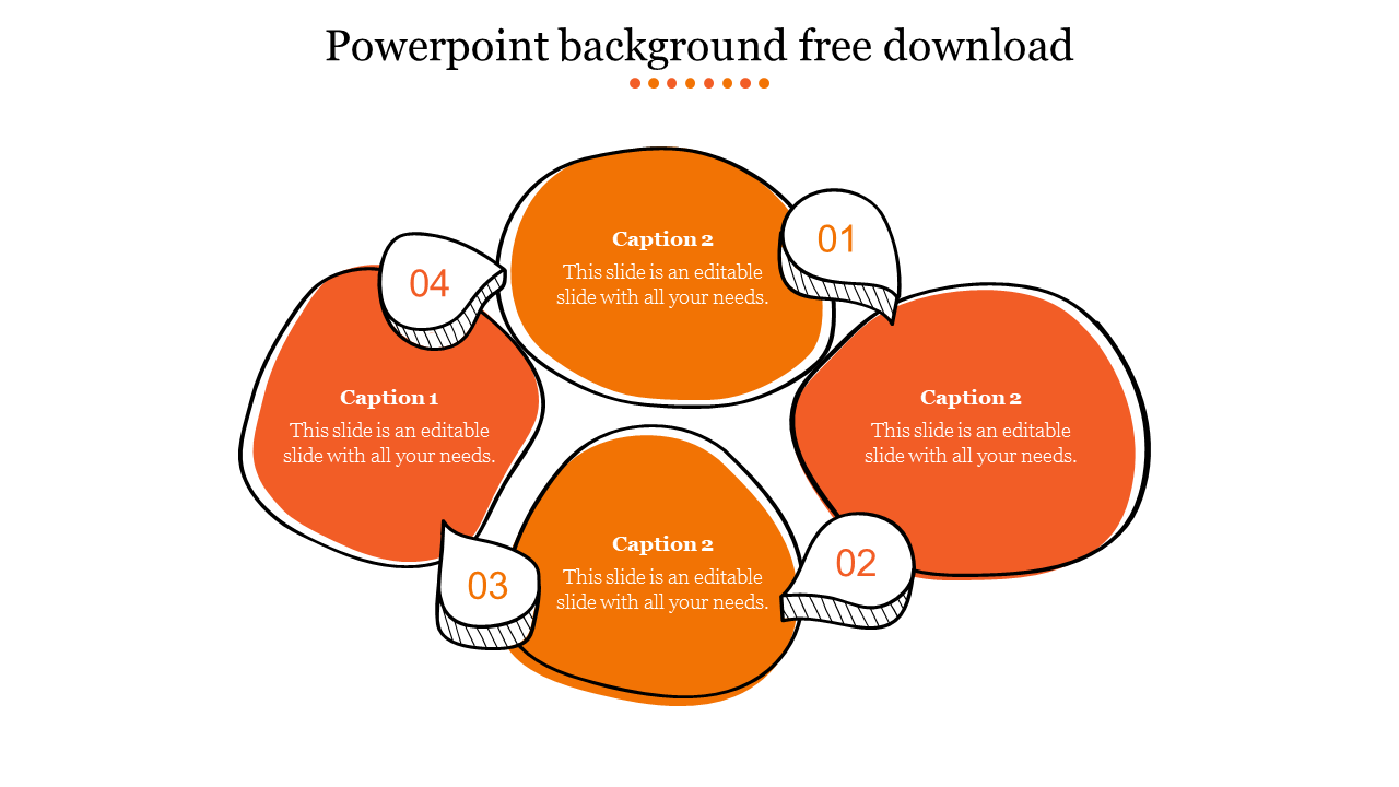 Creative orange PowerPoint background slide with four numbered sections and text placeholders on a white backdrop.