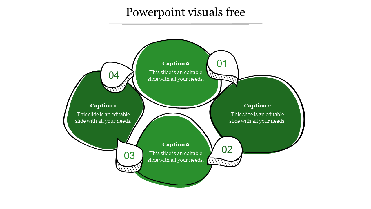 Visuals template with four interlocking green shapes, labeled 01 to 04, with editable placeholder text in each section.