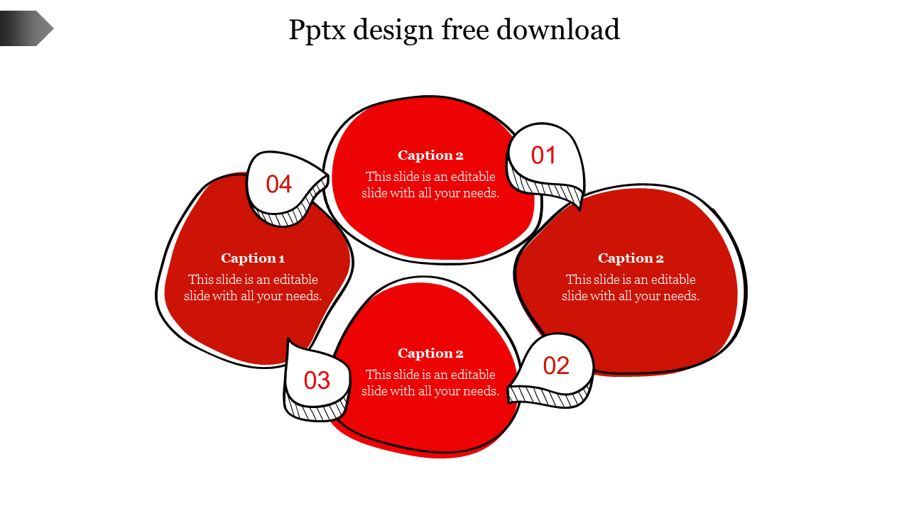 Four red overlapping abstract shapes with curved white tabs numbered at the edges, connected in a symmetrical arrangement.