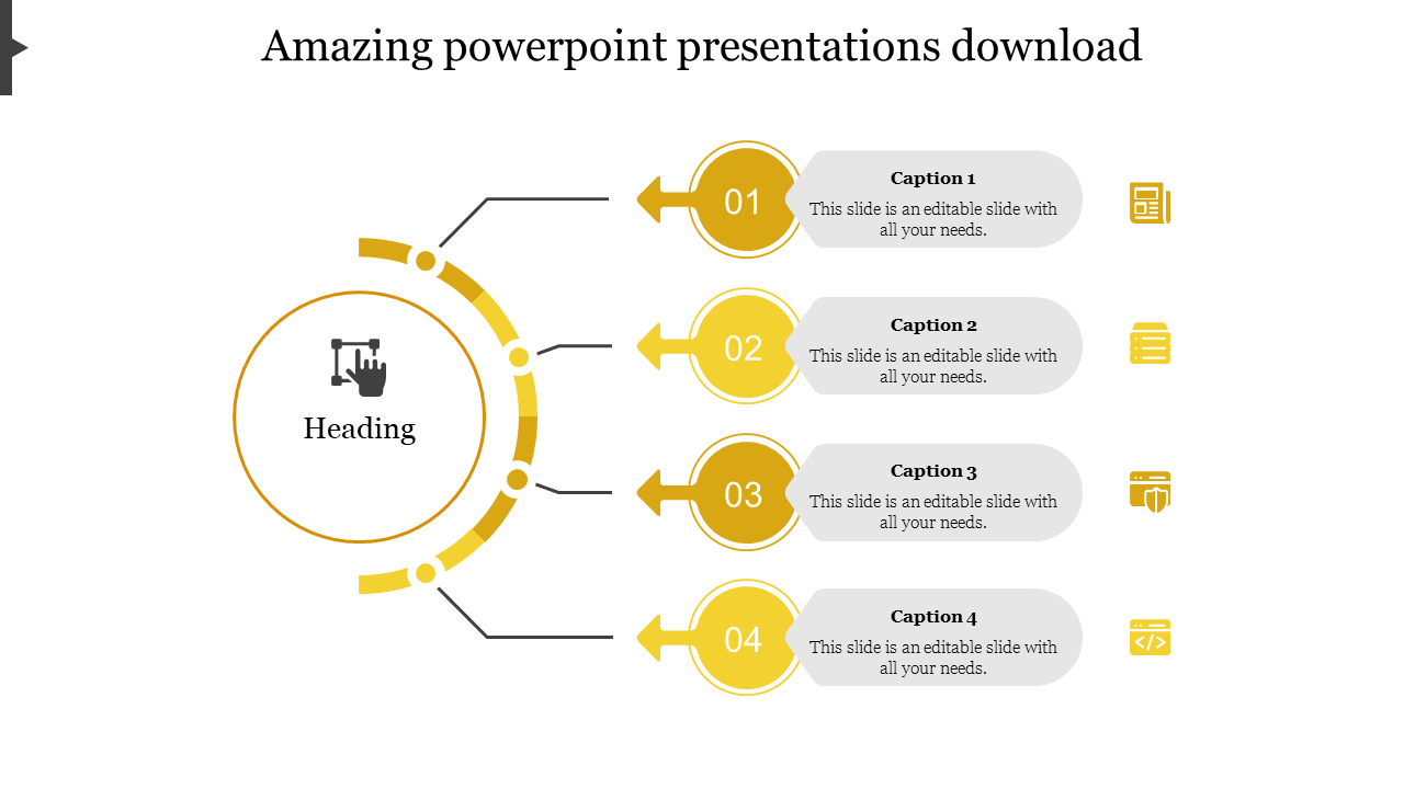 Yellow circle diagram with four steps branching out to the right, featuring numbers, icons and gray text boxes.