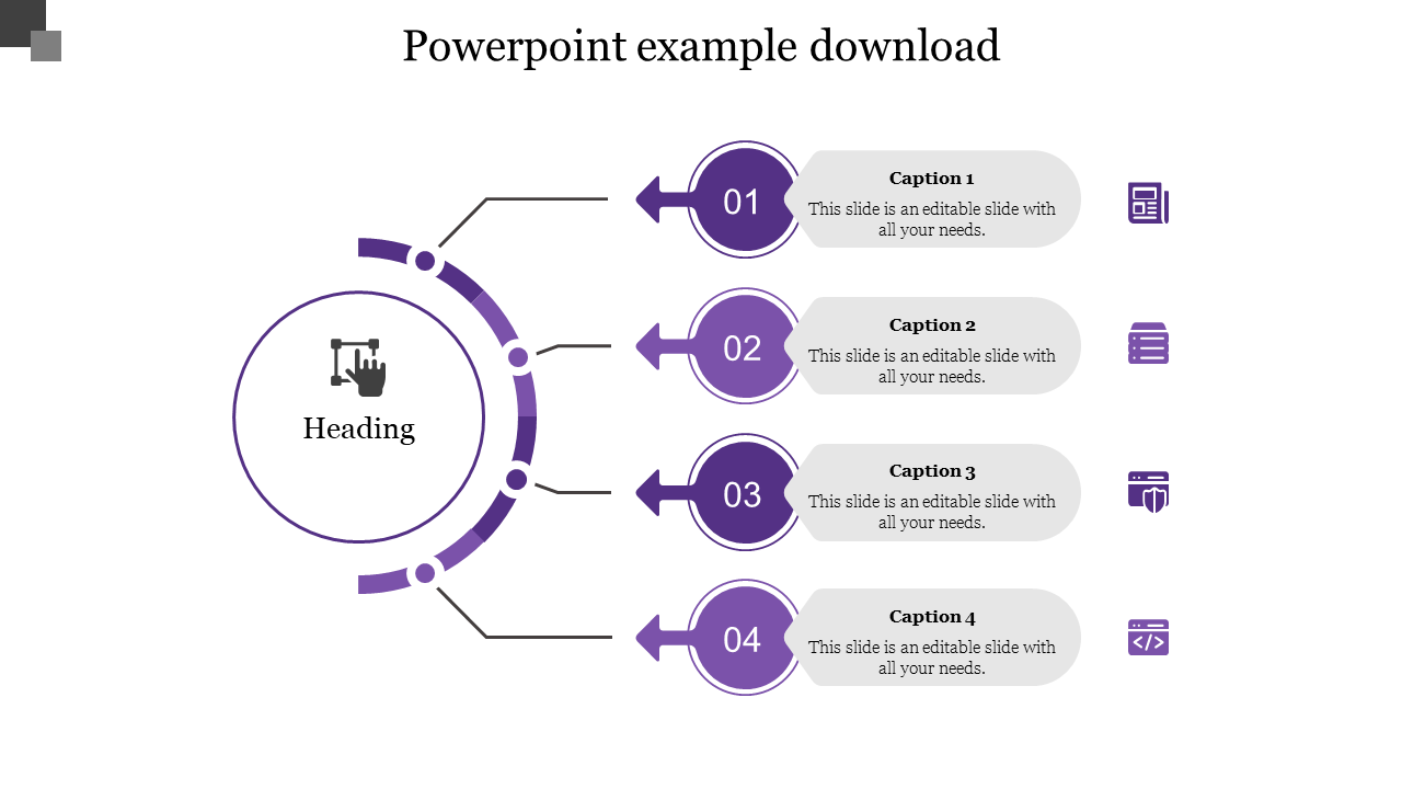 Slide with a central labeled circle and four numbered purple icons connected by arrows, each with a caption.