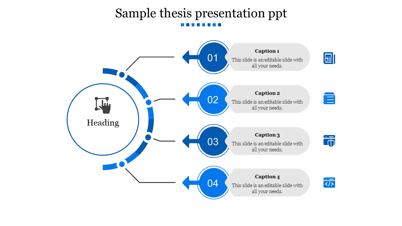 The thesis slide has four numbered steps, each accompanied by captions, icons, and a circular design layout.