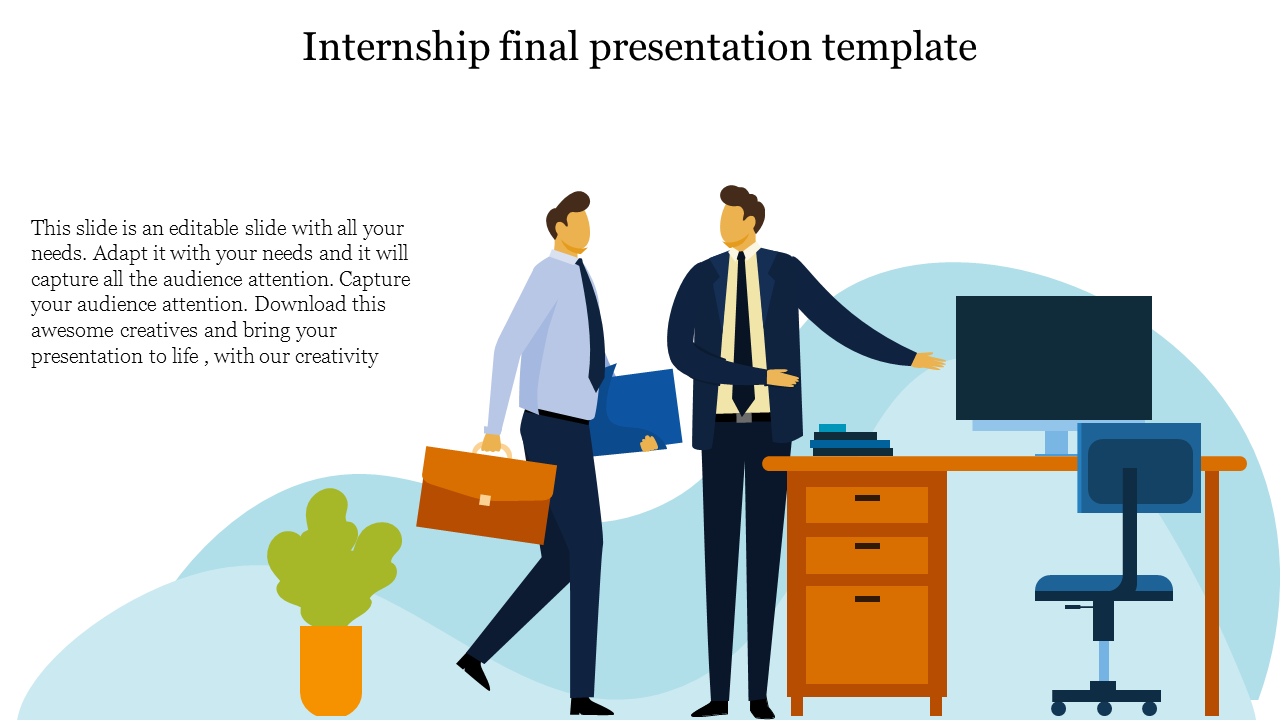 Internship slide illustration of two men in business attire greeting each other in a modern office setting with text area.