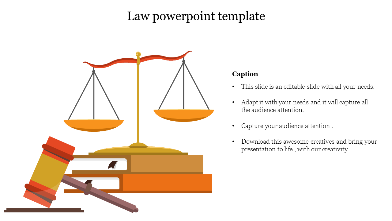 Colorful law template featuring a gavel, scales of justice, and law books, with space for text captions on the right.