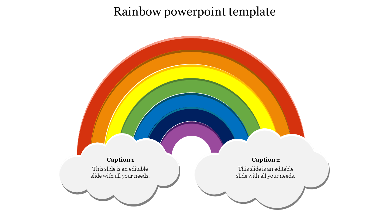 Rainbow themed slide with vibrant rainbow arcs and two cloud shapes for captions.