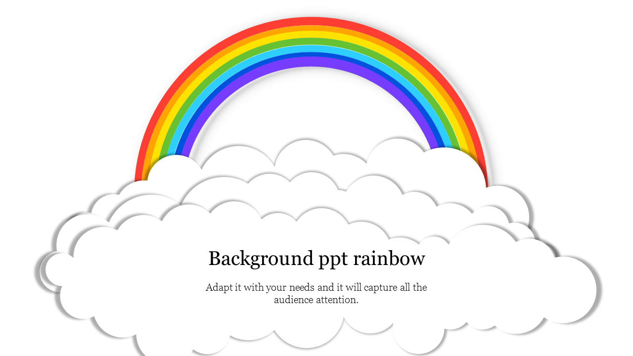 Rainbow above clouds with a clean white backdrop for colorful PowerPoint presentations.